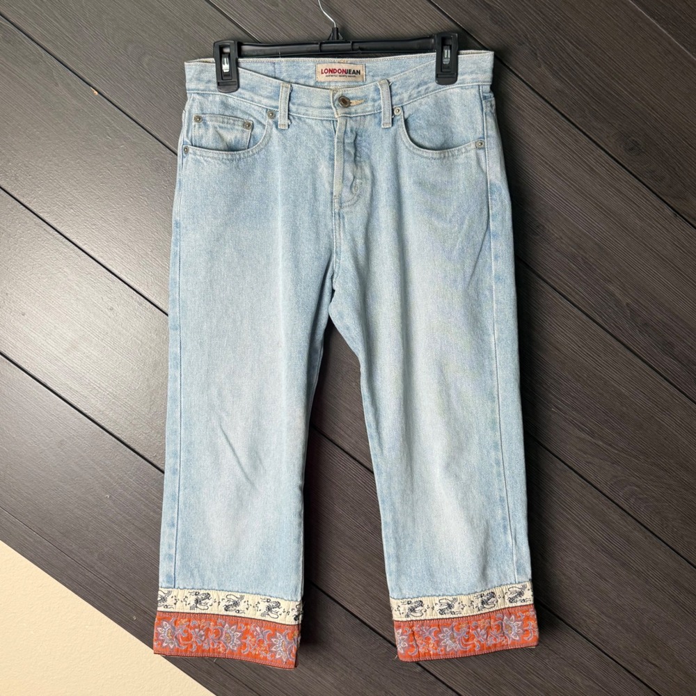 LondonJean Women's Cropped Jeans Embroidered Cuff Blue Boho Size 6 Y2K